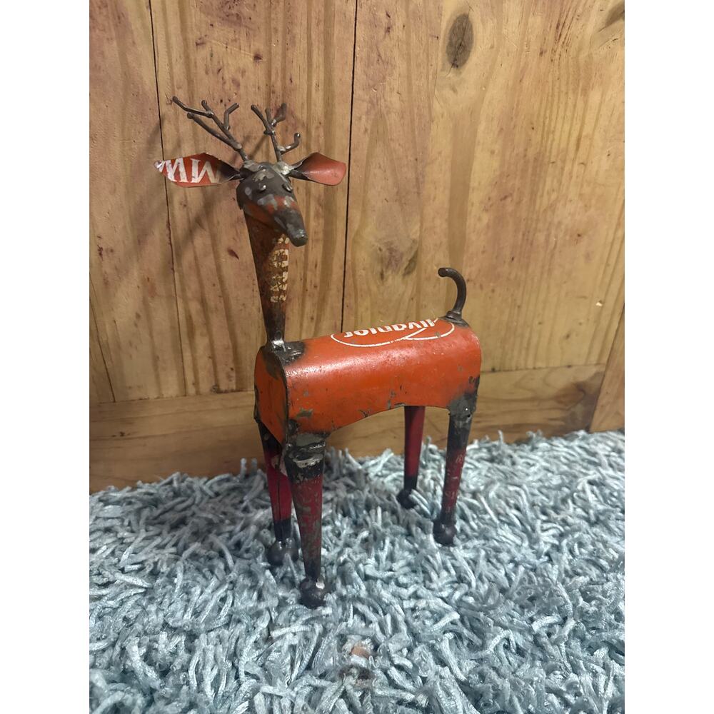 Recycled Weathered Metal Red Reindeer - approx 11 inches Rustic Primitive